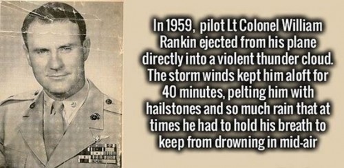 man - In 1959, pilot Lt Colonel William Rankin ejected from his plane directly into a violent thunder cloud. The storm winds kept him aloft for 40 minutes, pelting him with hailstones and so much rain that at times he had to hold his breath to keep from d