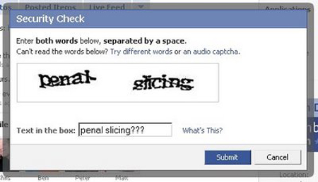 facebook - sted tem Live Feed Security Check Enter both words below, separated by a space. Can't read the words below? Try different words or an audio captcha. penal grcing Text in the box penal slicing??? What's This? Submit Cancel