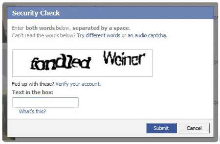 what's a security check - Security Check Enter both words below, separated by a space. Can't read the words below? Try different words or an audio captcha. fandled Weiner Fed up with these? Verify your account. Text in the box What's this? Submit Cancel