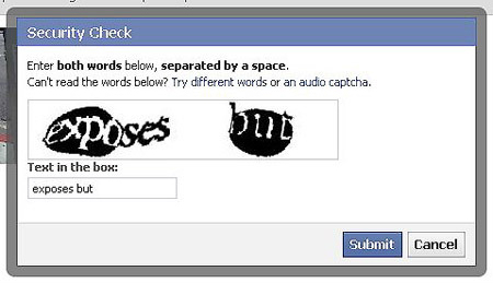 facebook - Security Check Enter both words below, separated by a space. Can't read the words below? Try different words or an audio captcha. Text in the box exposes but Submit Cancel
