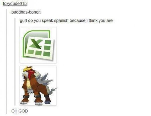 tumblr  - pokemon funny - foxydude915 buddhasboner gurl do you speak spanish because i think you are Oh God