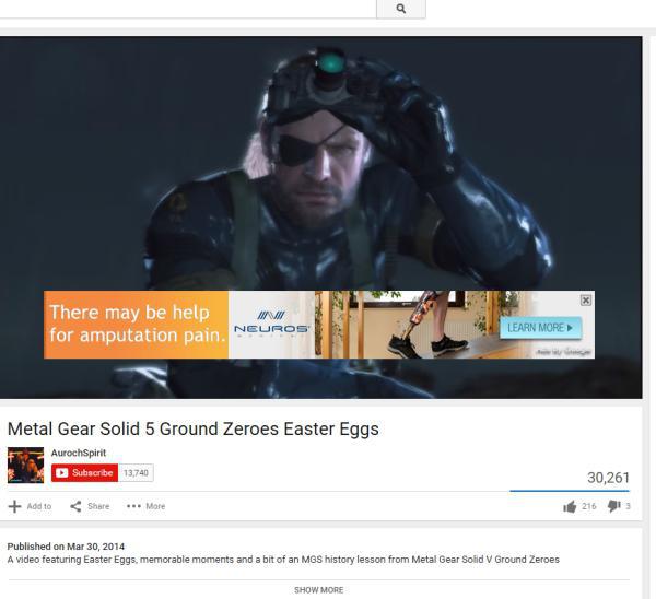 video - There may be help for amputation pain. Learn More Metal Gear Solid 5 Ground Zeroes Easter Eggs AurochSpirit Subscribe 13,740 30,261 Add to . More 121613 Published on A video featuring Easter Eggs, memorable moments and a bit of an Mgs history less