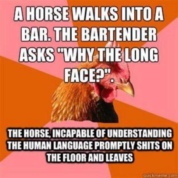 memes - anti joke rooster meme - A Horse Walks Into A Bar. The Bartender Asks "Why The Long Face?". The Horse, Incapable Of Understanding The Human Language Promptly Shits On The Floor And Leaves CLmme.com
