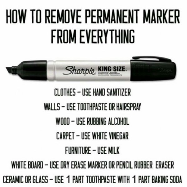 get permanent marker out - How To Remove Permanent Marker From Everything Sharpie King Size Clothes Use Hand Sanitizer Walls Use Toothpaste Or Hairspray Wood Use Rubbing Alcohol Carpet Use White Vinegar Furniture Use Milk White Board Use Dry Erase Marker 