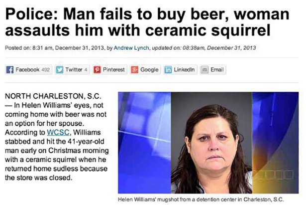 jaw - Police Man fails to buy beer, woman assaults him with ceramic squirrel Posted on , , by Andrew Lynch, updated on am, Facebook 492 Twitter Pinterest Google in LinkedIn Email North Charleston, S.C. In Helen Williams' eyes, not coming home with beer wa