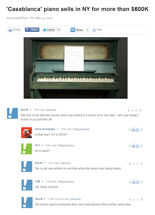 ken m piano - 'Casablanca' piano sells in Ny for more than $ Associated Press Fri, Email Tweet 25 in 2 Print Ken M. 4 hrs ago Remove 51 Still one of my favorite movies and it was filmed in 2 hours all in one take let's see today's actors try to pull that 
