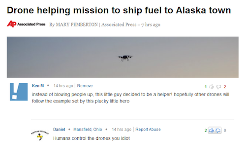 ken m drone - Drone helping mission to ship fuel to Alaska town Ap Associated Prom By Mary Pemberton | Associated Press 7 hrs ago Ken M. 14 hrs ago Remove instead of blowing people up, this little guy decided to be a helper! hopefully other drones will th