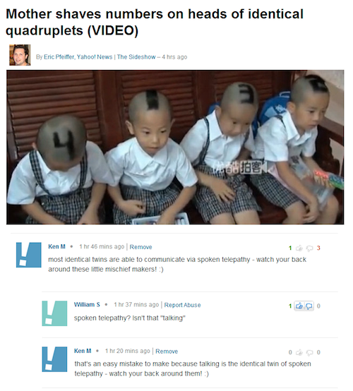 ken m - Mother shaves numbers on heads of identical quadruplets Video By Eric Pfeiffer, Yahoo! News The Sideshow4 hrs ago Ken M. 1 h 46 mins ago Remove most identical twins are able to communicate via spoken telepathy watch your back around these little m
