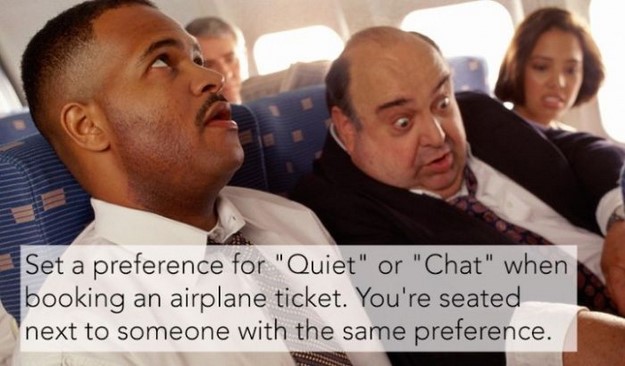 people in an airplane - Set a preference for "Quiet" or "Chat" when booking an airplane ticket. You're seated next to someone with the same preference.