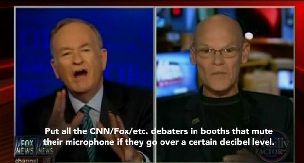 journalist - Put all the CnnFoxetc. debaters in booths that mute Foy their microphone if they go over a certain decibel level. News Nec Ior channel Lie