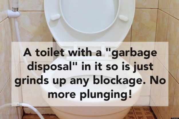 toilet seat - A toilet with a "garbage disposal" in it so is just grinds up any blockage. No more plunging!