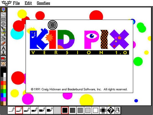 kid pix 90s - 2 File Edit Goodies BDoptencDo Reid Pix Ersion 1.0 1991 Craig Hickman and Brederbund Software, Inc. All rights reserved. 120 Diodolon