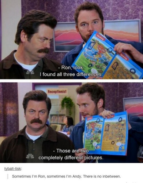 tumblr - funny parks and rec - Ron, look I found all three differences. Receptionist Those are two completely different pictures. tybalttisk Sometimes I'm Ron, sometimes I'm Andy. There is no inbetween