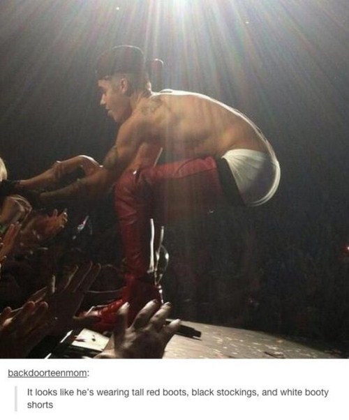 tumblr - justin bieber sagging white underwear - backdoorteenmom It looks he's wearing tall red boots, black stockings, and white booty shorts