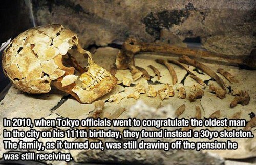 general facts - In 2010, when Tokyo officials went to congratulate the oldest man in the city on his 111th birthday, they found instead a 30yo skeleton. The family, as it turned out, was still drawing off the pension he was still receiving.