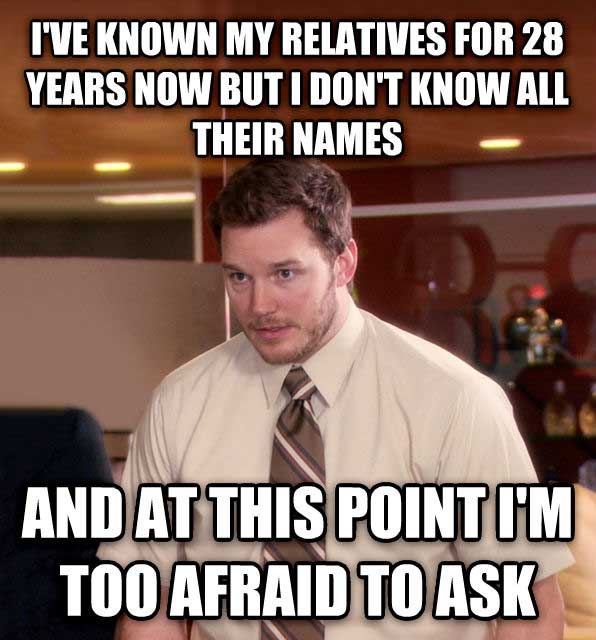 memes - mijas - I'Ve Known My Relatives For 28 Years Now But I Don'T Know All Their Names And At This Point I'M Too Afraid To Ask