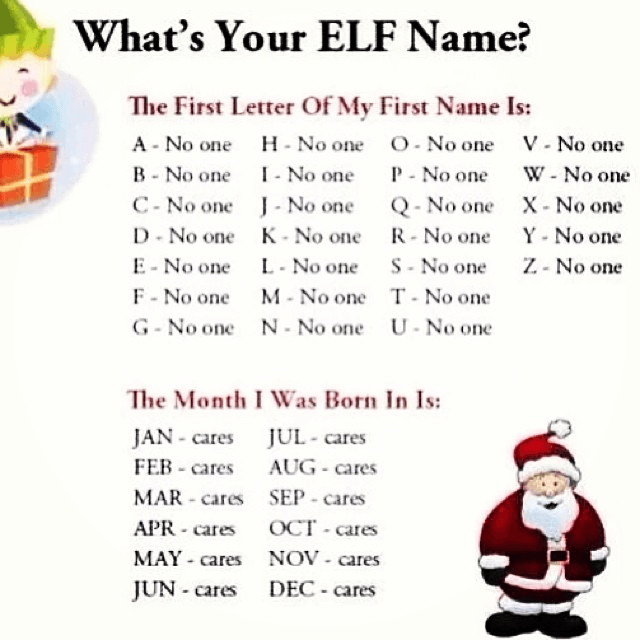 your elf names - What's Your Elf Name? The First Letter Of My First Name Is A No one H. No one 0. No one V No one B No one I No one P No one W No one C No one I No one Q No one X No one D. No one K. No one R No one Y No one ENo one L No one S No one Z. No