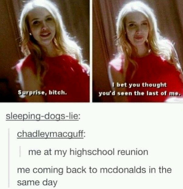 tumblr - surprise bitch - Surprise, bitch. I bet you thought you'd seen the last of me, sleepingdogslie chadleymacguff | me at my highschool reunion me coming back to mcdonalds in the same day