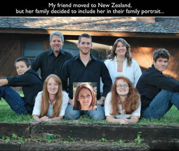 cool weird family - My friend moved to New Zealand, but her family decided to include her in their family portrait...