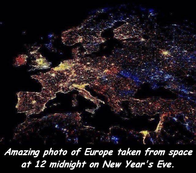 europe at night - Amazing photo of Europe taken from space at 12 midnight on New Year's Eve.
