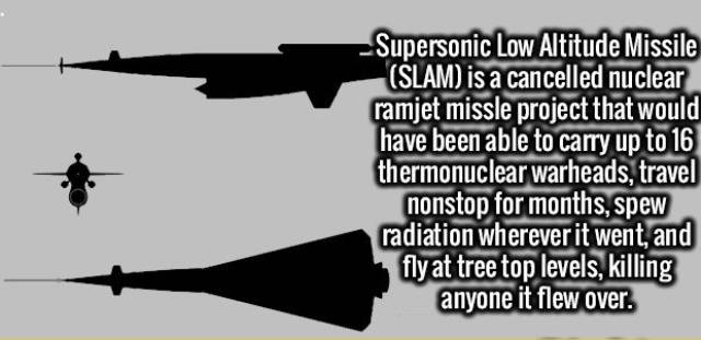 airplane - Supersonic Low Altitude Missile Slam is a cancelled nuclear ramjet missle project that would have been able to carry up to 16 thermonuclear warheads, travel nonstop for months, spew radiation wherever it went and fly at tree top levels, killing