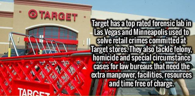 banner - Target Target has a top rated forensic lab in Las Vegas and Minneapolis used to solve retail crimes committed at Target stores. They also tackle felony, homicide and special circumstance cases for law bureaus that need the extra manpower, facilit