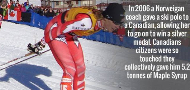fun facts about the biathlon - In 2006 a Norweigan coach gave a ski pole to a Canadian, allowing her to go on to win a silver medal. Canadians citizens were so touched they collectively gave him 5.2 tonnes of Maple Syrup