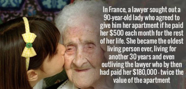 In France, a lawyer sought out a 90yearold lady who agreed to give him her apartment if he paid her $500 each month for the rest of her life. She became the oldest living person ever, living for another 30 years and even outliving the lawyer who by then…