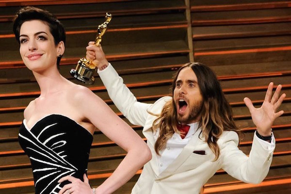 Jared Leto's adrenaline rush,After an Oscar night win, Jared Leto couldn't help himself from photobombing Anne Hathaway as she stepped onto the red carpet of the Vanity Fair afterparty.