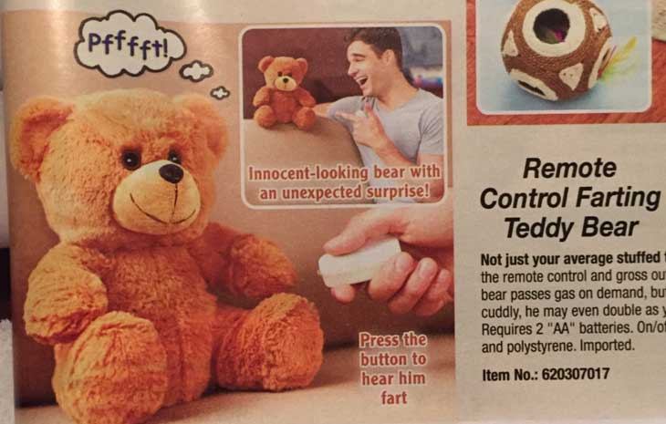 teddy bear - Pfffft! Innocentlooking bear with an unexpected surprise! Remote Control Farting Teddy Bear Not just your average stuffed the remote control and gross ou bear passes gas on demand, bu cuddly, he may even double as Requires 2 "Aa batteries. On