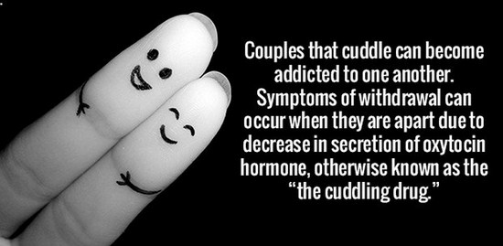 love - Couples that cuddle can become addicted to one another. Symptoms of withdrawal can occur when they are apart due to decrease in secretion of oxytocin hormone, otherwise known as the "the cuddling drug."