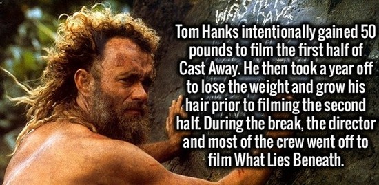 help cast away - Tom Hanks intentionally gained 50 pounds to film the first half of. Cast Away. He then took a year off to lose the weight and grow his hair prior to filming the second half. During the break, the director and most of the crew went off to 