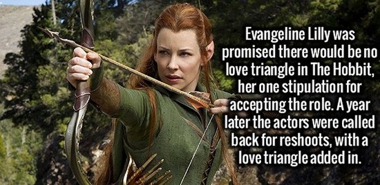 tauriel hobbit - Evangeline Lilly was promised there would be no love triangle in The Hobbit, her one stipulation for accepting the role. A year later the actors were called back for reshoots, with a love triangle added in.