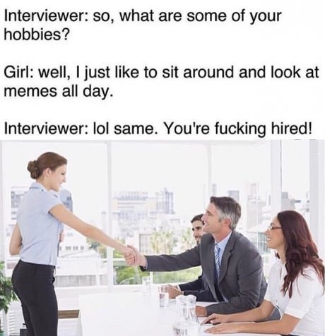 being hired - Interviewer so, what are some of your hobbies? Girl well, I just to sit around and look at memes all day. Interviewer lol same. You're fucking hired!