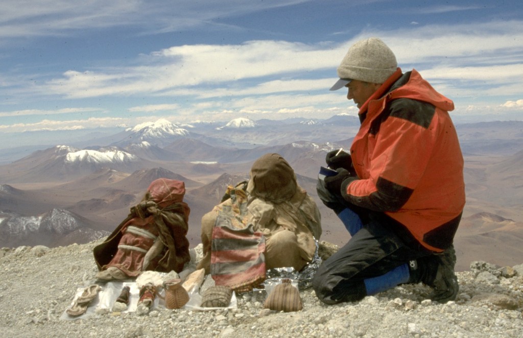 Discoverer Johan Reinhard with Inca mummies (maiden right, boy left) on the summit at 22,100 feetA story about a 500-year-old mummy found on a mountain, nicknamed “The Maiden”. She was sacrificed to her Inca Gods on the top of a mountain summit and preserved due to the cold conditions. Well due to recent improvements in technology, there have been recent revelations that are pretty cool. The maiden was discovered in 1999 during an Argentinian volcano expedition to Mount Llullaillaco, a volcano 300 miles west of the Chilean border. She was frozen in ice-cold conditions which perfectly preserved her body. These conditions have made her one of the best preserved mummies ever found. All of her internal organs were intact. There was even blood still in her heart and lungs after 500 years on a mountain summit. This is absolutely amazing when you take into consideration the fact that no special measures were taken to preserve her body.