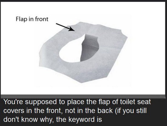 angle - Flap in front You're supposed to place the flap of toilet seat covers in the front, not in the back if you still, don't know why, the keyword is