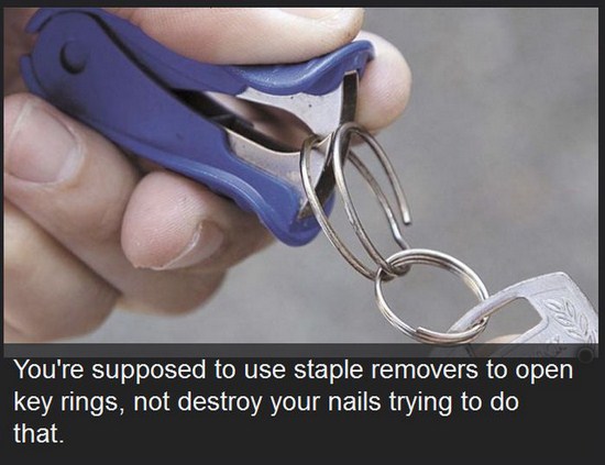 staple remover key ring - You're supposed to use staple removers to open key rings, not destroy your nails trying to do that.