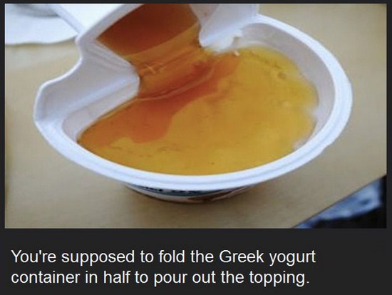 dish - You're supposed to fold the Greek yogurt container in half to pour out the topping.
