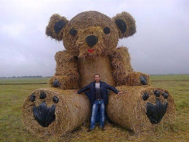 teddy bear made from hay bales