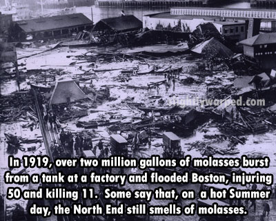 molasses flood boston - worted.com In 1919, over two million gallons of molasses burst from a tank at a factory and flooded Boston, injuring 50 and killing 11. Some say that, on a hof Summer day, the North End still smells of molasses.1