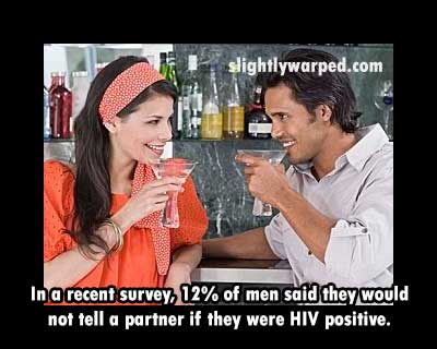 slightlywarped.com In a recent survey, 12% of men said they would not tell a partner if they were Hiv positive.