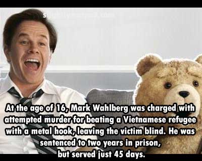 most interesting story ever - At the age of 16, Mark Wahlberg was charged with attempted murder for beating a Vietnamese refugee with a metal hook, leaving the victim blind. He was sentenced to two years in prison, but served just 45 days.