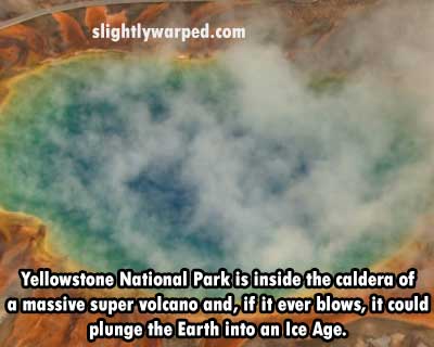 sky - slightlywarped.com Yellowstone National Park is inside the caldera of a massive super volcano and, if it ever blows, it could plunge the Earth into an Ice Age.