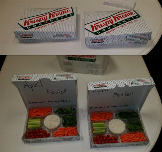 vegetables in krispy kreme box - \hrispy Kreme O U Ohnuts Buensis Esitle Inge 15 Krispy Treme Doughnus Mwwwww Fools!! April Fools!! on the boxes