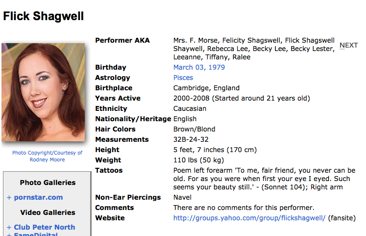 smile - Flick Shagwell Performer Aka Mrs. F. Morse, Felicity Shagswell, Flick Shagswell Shaywell, Rebecca Lee, Becky Lee, Becky Lester, Leeanne, Tiffany, Ralee Birthday Astrology Pisces Birthplace Cambridge, England Years Active 20002008 Started around 21