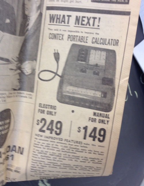 Newspaper ad selling calculators in 1969. A little pricey back in the day
