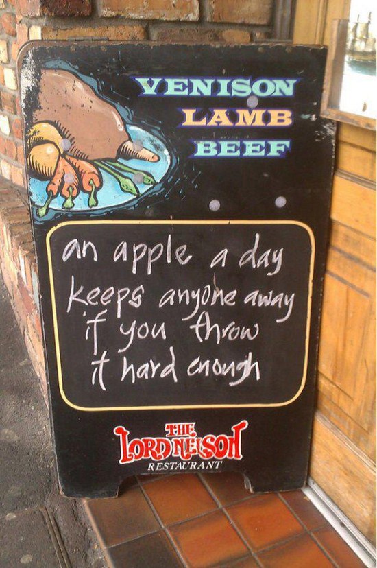 hilarious restaurant signs - Venison Lamb Beef an apple a day keeps anyone away if you throw it hard enough Jordiu Soli Restaurant