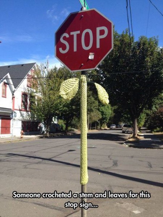 stop sign - Stop Someone crocheted a stem and leaves for this stop sign...