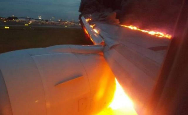 plane wing on fire