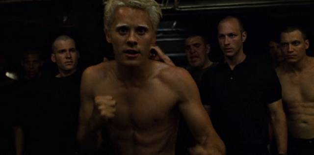 When Tyler is giving his inspirational speech to the Fight Club, he says “We’ve all been raised on television to believe that one day we’d all be millionaires and movie gods and rock stars.” While saying this he looks directly at Jared Leto, who is the front man of the band 30 Seconds to Mars.